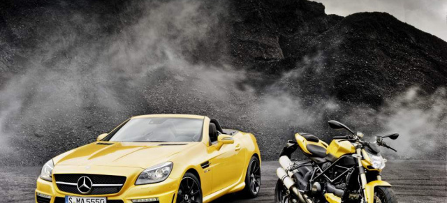 Doppeltes Flottchen:  Mercedes SLK 55 AMG  & Ducati Streetfighter Edition : Der neue SLK 55 AMG und die neue Ducati Streetfighter 848 im Partnerlook