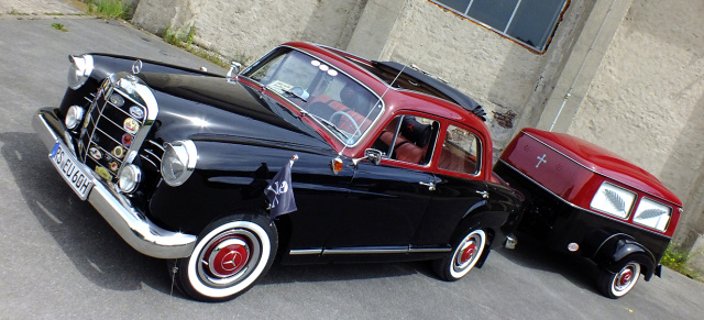 Drei Achsen für ein Halleluja (W120 B-III): 1960er Mercedes 180 mit Westfalia-Bestattungsanhänger